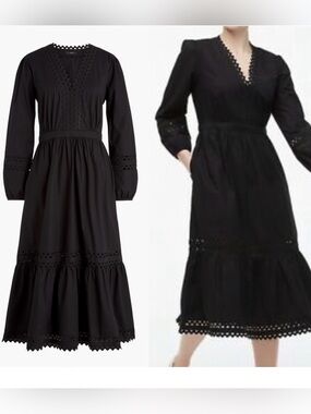 J Crew Black Eyelet Trim Midi Dress